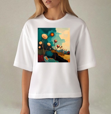 Surreal Flower Garden Абстрактные цветы тянутся к сияющему теплому солнцу, Футболка женская оверсайз Mido