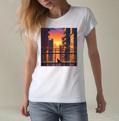 Silhouette Cat Watching City Sunset Силуэт кота смотрящего на закат города, Футболка женская белая 180гр