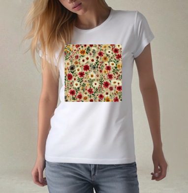 Vintage Wildflower Meadow Garden Pattern / Винтажный луг садовый полевые цветы, Футболка женская белая 180гр