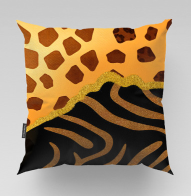 Golden animal print / Золотой анималистичный паттерн зебры и жирафа, Подушка велюр плюшевая 45х45