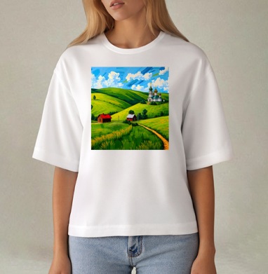 Village Summer Landscape - Летний сельский пейзаж с золотыми куполами церкви, Футболка женская оверсайз Mido