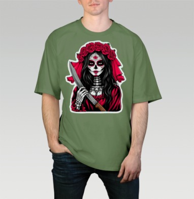 Мстительная невеста Santa Muerte с ножом, Футболка мужская оверсайз оливковая
