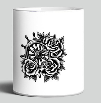 Штурвал корабля с пышными розами в стиле тату Roses Tattoo Style - Магазин футболок AnnArtshock - Дизайнерские принты