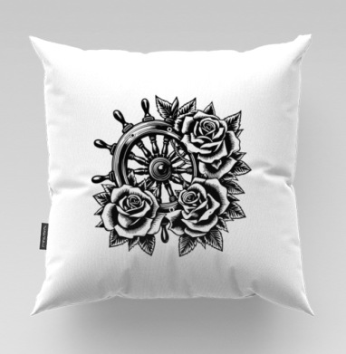 Штурвал корабля с пышными розами в стиле тату Roses Tattoo Style, Подушка велюр плюшевая 45х45