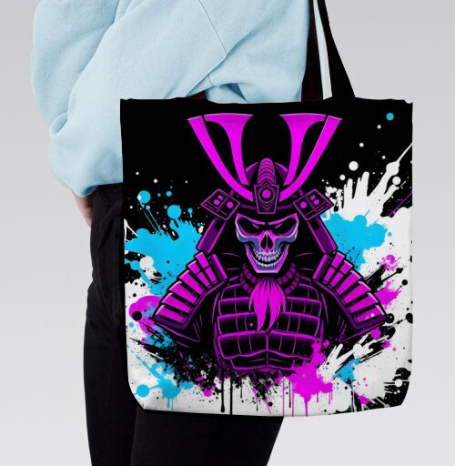 Neon Cyber Samurai Warrior / Самурай Череп в ярких брызгах краски - Магазин футболок RazzhivinaKs - Дизайнерские принты