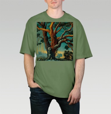 Golden tree in turquoise forest / Золотое дерево в бирюзовом лесу, Футболка мужская оверсайз оливковая