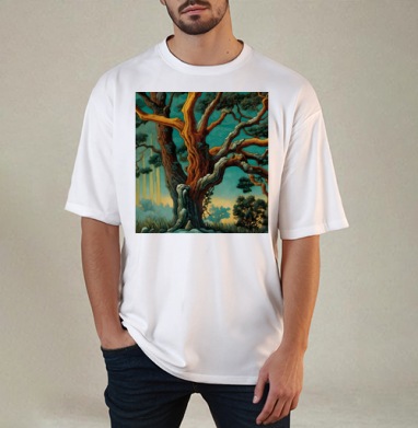 Golden tree in turquoise forest / Золотое дерево в бирюзовом лесу, Футболка / Мужчинам / Оверсайз / Белая / C принтом