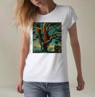 Golden tree in turquoise forest / Золотое дерево в бирюзовом лесу, Футболка женская белая 180гр