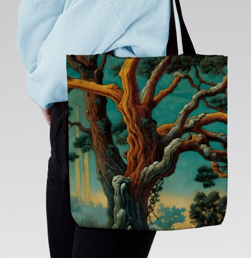 Golden tree in turquoise forest / Золотое дерево в бирюзовом лесу, Сумка с ручкой и внутренним карманом на молнии