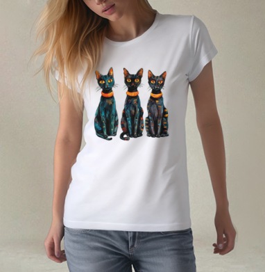 Три черных кота с оранжевыми глазами / Three Black Cats with Orange Eyes, Футболка женская белая 180гр