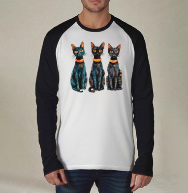 Три черных кота с оранжевыми глазами / Three Black Cats with Orange Eyes, Футболка длинный рукав / Мужчинам / Реглан / Принт