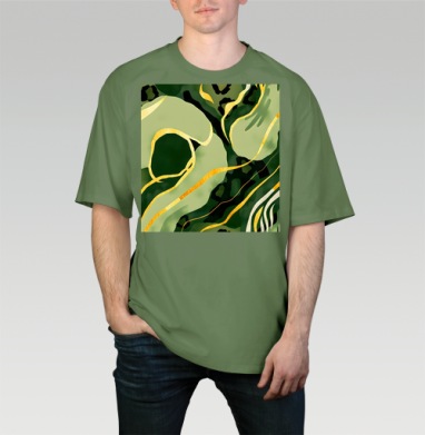 Золотые изгибы на зеленом анималистичном фоне / Golden curves on green animal background, Футболка мужская оверсайз оливковая