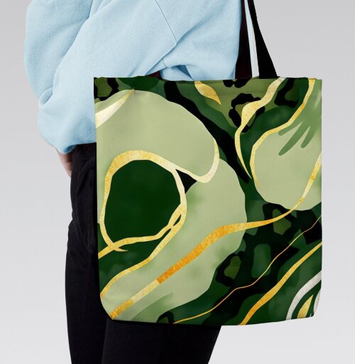 Золотые изгибы на зеленом анималистичном фоне / Golden curves on green animal background, Сумка с ручкой и внутренним карманом на молнии