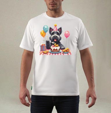 Маленький черный терьер отмечает первый юбилей Birthday Dog Party, Футболка мужская REGULAR белая