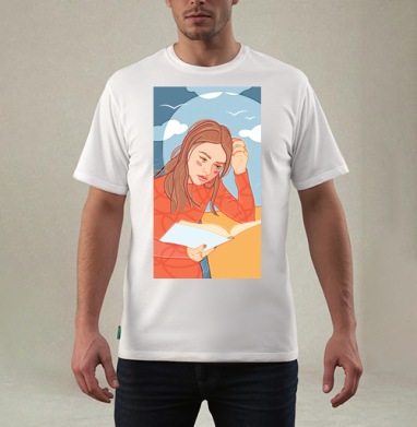 Молодая девушка читает книгу на фоне голубого неба, Футболка мужская REGULAR белая