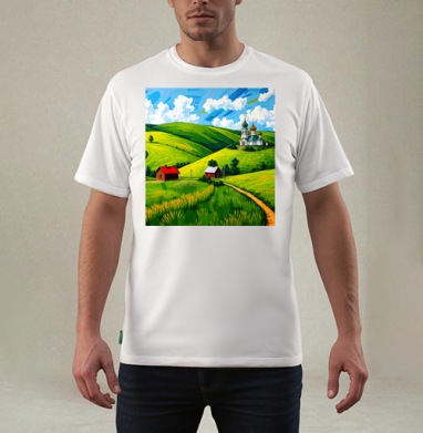 Village Summer Landscape - Летний сельский пейзаж с золотыми куполами церкви, Футболка мужская REGULAR белая