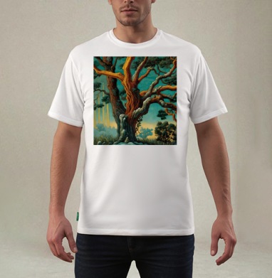 Golden tree in turquoise forest / Золотое дерево в бирюзовом лесу, Футболка мужская REGULAR белая
