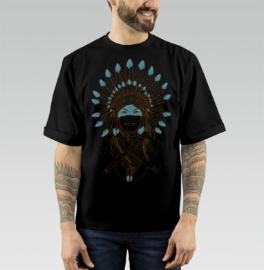 Native American Chief / Индейский вождь в перьях символ силы и достоинства - Купить мужские футболка oversize–limitless   самая лучшая футболка в мире в Москве, цена мужских футболки oversize–limitless  с прикольными принтами - магазин дизайнерской одежды Maryjane