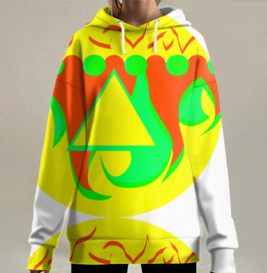 Яркий кислотный треугольник с огнём в центре композиции, Hoodie Long Oversize 3D