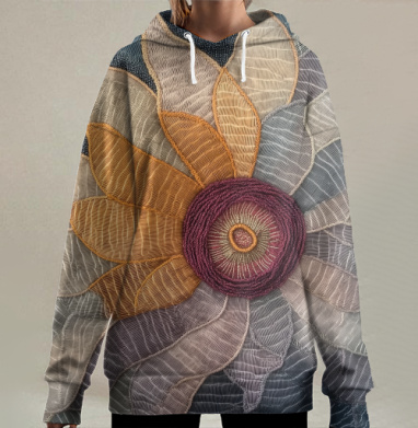 Цветущий цветок, вышивка, объемные лепестки., Hoodie Long Oversize 3D