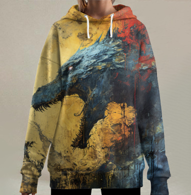 Дракон ярости в золоте – неоэкспрессионизм, Hoodie Long Oversize 3D