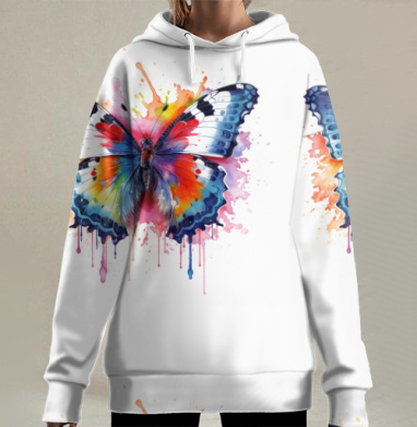 Акварельная бабочка с яркими красками и каплями, Hoodie Long Oversize 3D