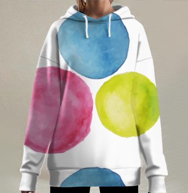 Яркие стильные круглые акварельные пятна на сером фоне, Hoodie Long Oversize 3D