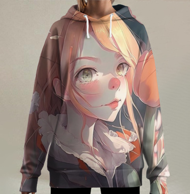 Девочка с тюльпанами в оранжевых тонах среди полевых цветов, Hoodie Long Oversize 3D