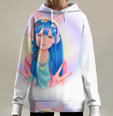 Девушка с синими волосами в наушниках кошках, Hoodie Long Oversize 3D