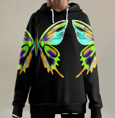 Яркая бабочка с крыльями зеленого бирюзового оранжевого цвета, Hoodie Long Oversize 3D