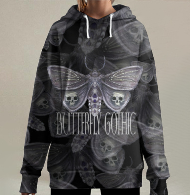 Готические мотыльки с черепами в темных тонах, Hoodie Long Oversize 3D