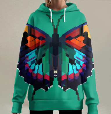 Полигональная бабочка яркие цвета зеленый фон, Hoodie Long Oversize 3D