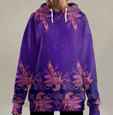 Синий с розовым этнический узор в рамке бохо, Hoodie Long Oversize 3D