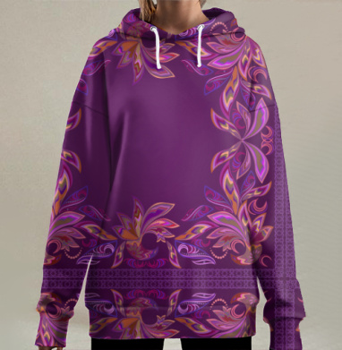 Этнический узор с птицами и листьями в квадрате ярко, Hoodie Long Oversize 3D