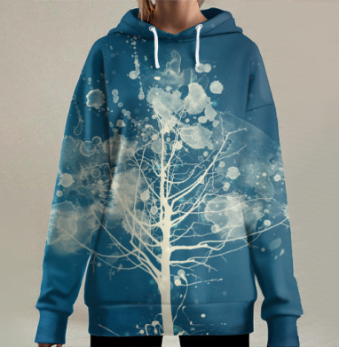 Белое дерево жизни на синем фоне, Hoodie Long Oversize 3D