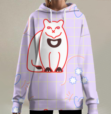 Белый кот с красной обводкой на сиреневом фоне с цветами и сердцами, Hoodie Long Oversize 3D