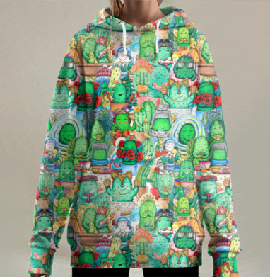 Забавные антропоморфные кактусы и девочки кавайные зеленые растения, Hoodie Long Oversize 3D