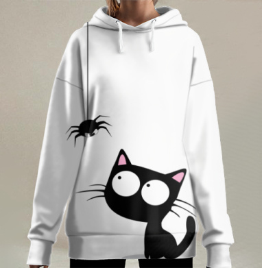 Любопытный черный кот наблюдает паука сверху на паутине, Hoodie Long Oversize 3D
