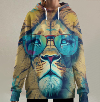 Брутальный Лев в Очках Яркий Летний ПопАрт, Hoodie Long Oversize 3D