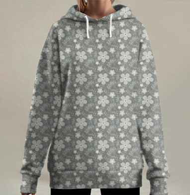 Grey Daisy Floral / Серые маргаритки цветы — Паттерн серые маргаритки цветы, Hoodie Long Oversize 3D