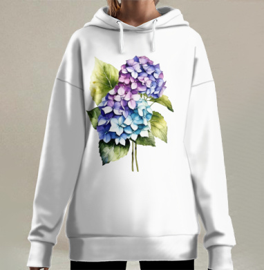 Гортензия букет листья нежность естественная акварель, Hoodie Long Oversize 3D
