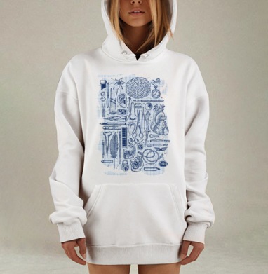 Коллаж анатомии и предметов жизни в винтажном стиле пером на тетради, Hoodie Mjhigh Dig, оверсайз, утепленная