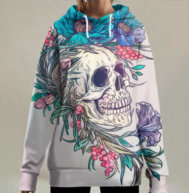 Циклы жизни: череп и яркие цветы, Hoodie Long Oversize 3D