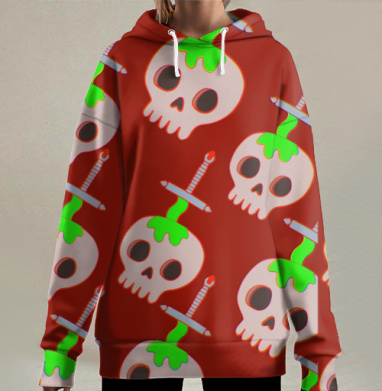 Мрачные черепа с мечами и токсичной жидкостью на красном фоне, Hoodie Long Oversize 3D