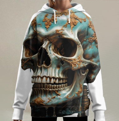 Барочный череп с бирюзовой отделкой и золотыми узорами на искусстве, Hoodie Long Oversize 3D