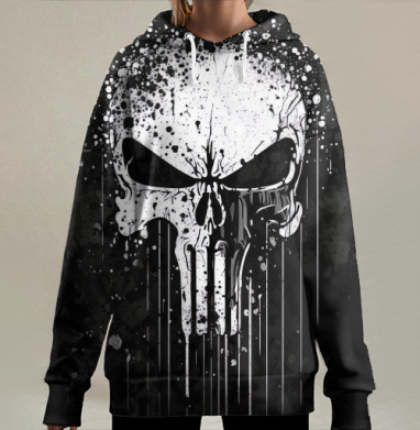 Череп агрессия мрачность краска распад, Hoodie Long Oversize 3D