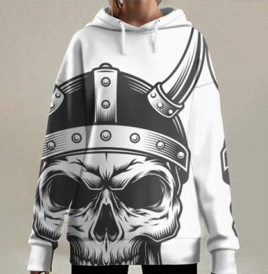 Викингский череп с рогатым шлемом викингский череп с рогатым шлемом, Hoodie Long Oversize 3D
