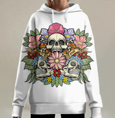 Готические черепа с цветами готический стиль на сером фоне, Hoodie Long Oversize 3D