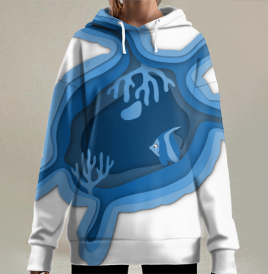 Голубая морская черепаха с рыбкой и кораллами Paper cut, Hoodie Long Oversize 3D