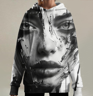 Черно белое лицо женщины с мазками краски глубина эмоций, Hoodie Long Oversize 3D